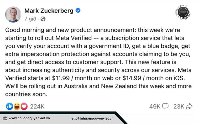 Thông báo về dịch vụ Meta Verified được CEO Meta - Mar Zuckerberg viết trên facebook